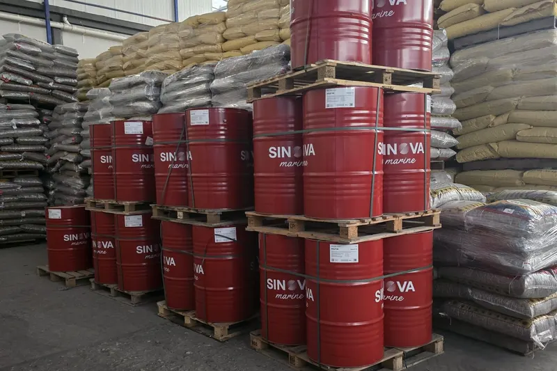 Palletised SINOVA Marine drums, strapped and stacked at the Mersin hub