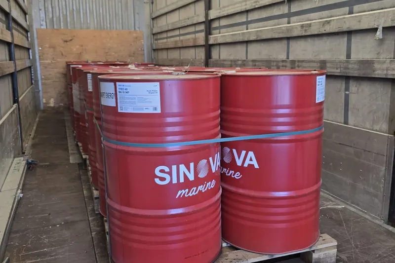 SINOVA Marine TPEO 40 BN 15 drums loaded on a pallet inside a curtain-side trailer at the Mersin hub